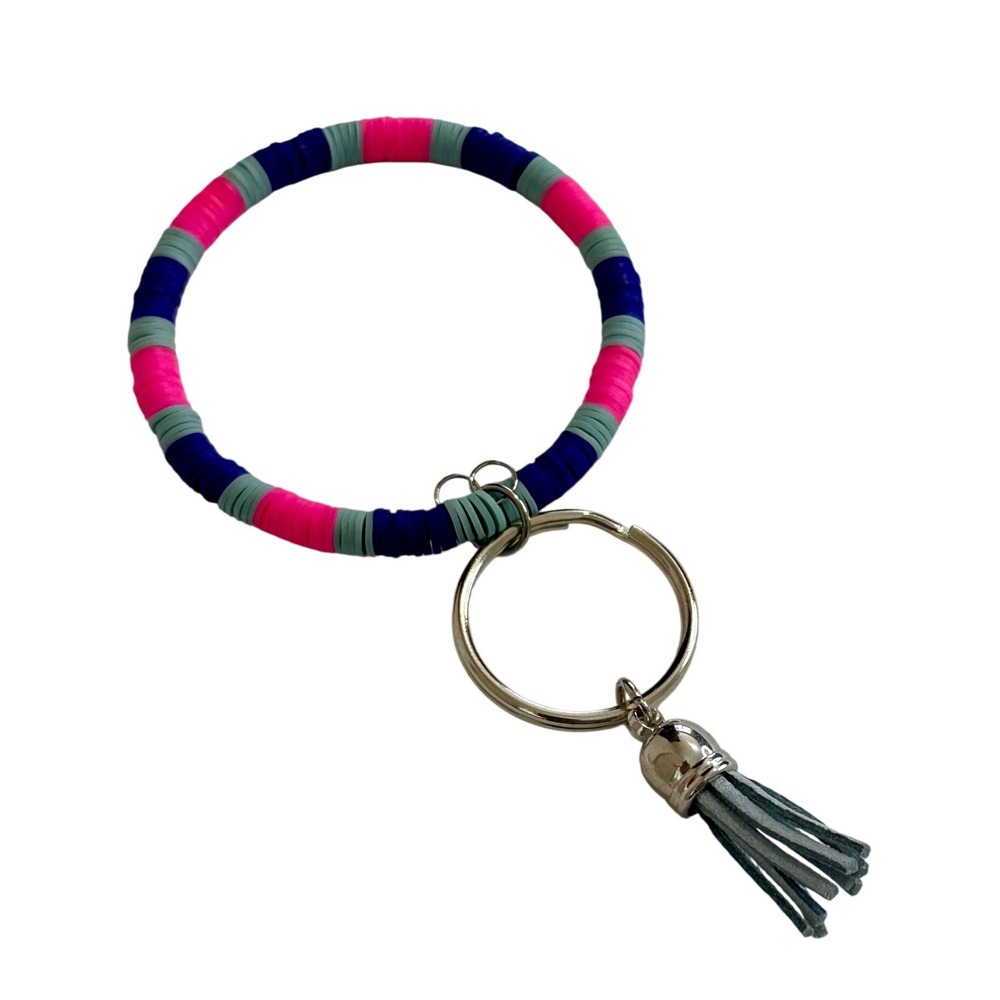 Handcrafted Heishi Bead Bangle Keychain Pink Blue Tassel Wristlet Key Ring